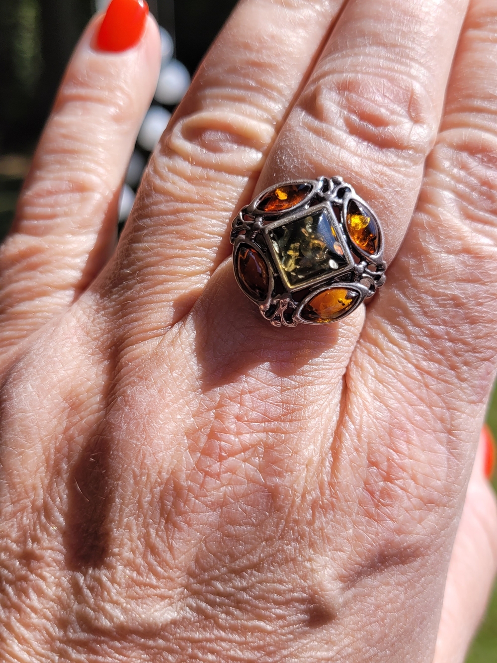 Sterling Silver Amber Statement Ring - Honey Amber Accent